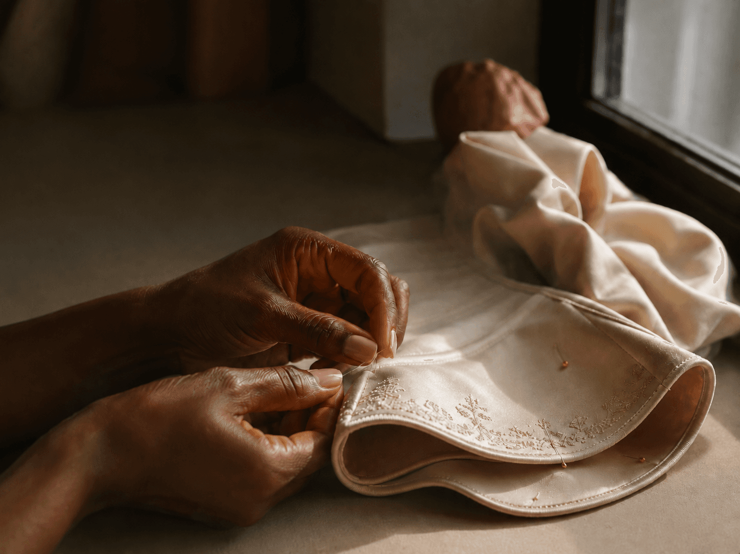 A woman hand-stitching an embroidered Naissance piece